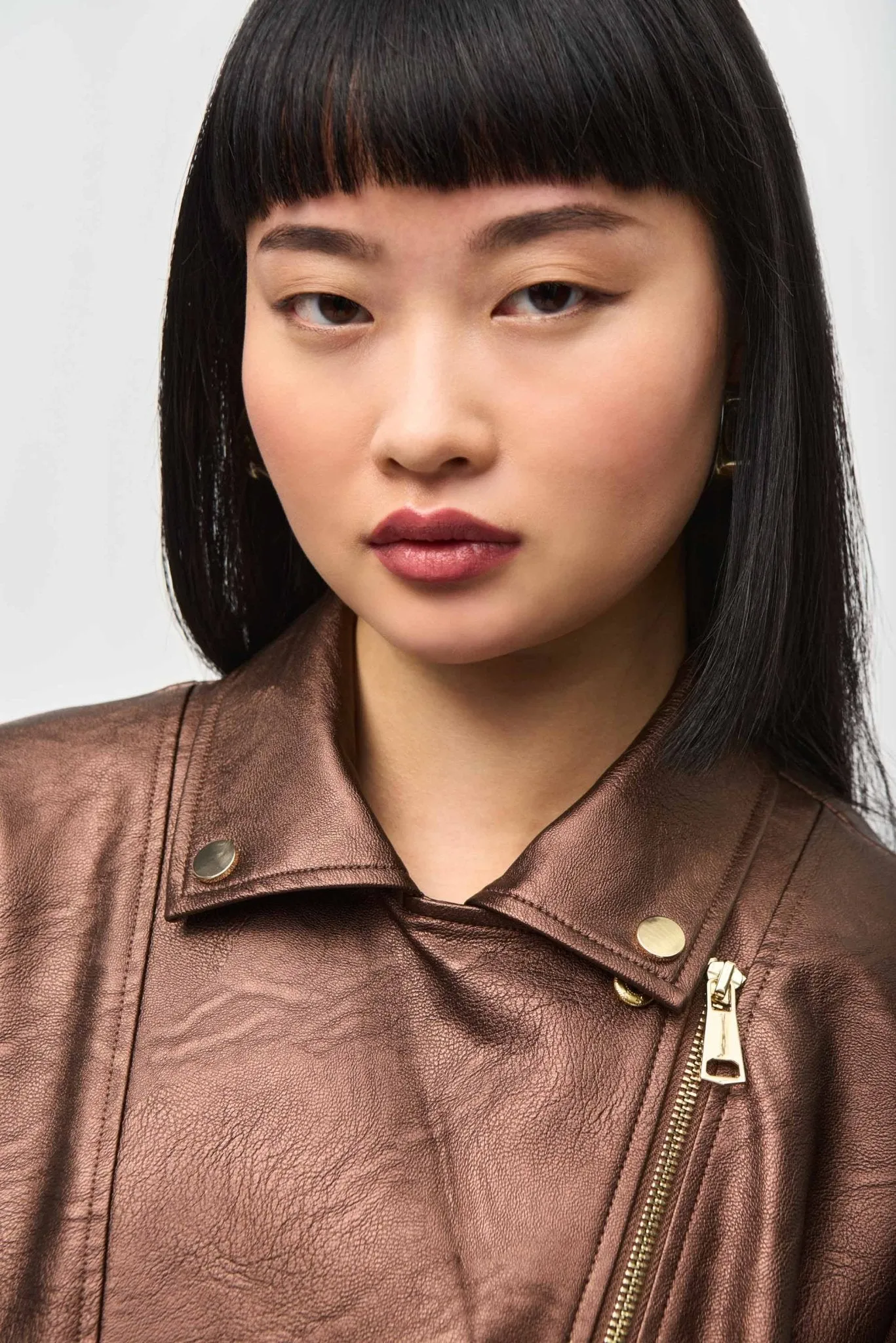 Metallic Faux Leather Biker Jacket Style 234902Bronze