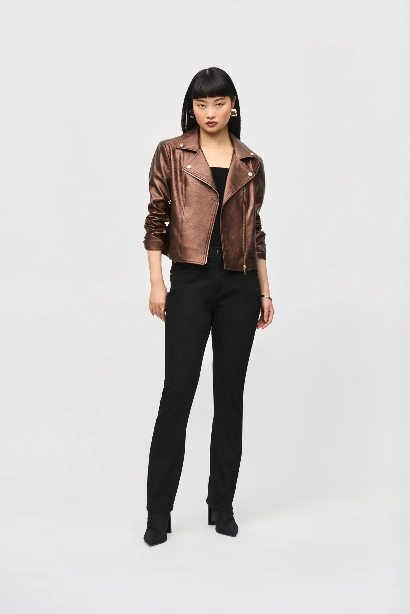 Metallic Faux Leather Biker Jacket Style 234902Bronze