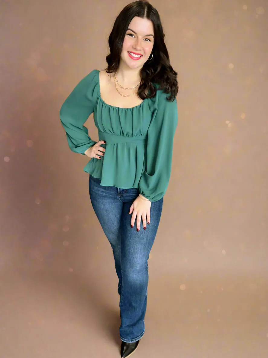 Peplum Tie Back Top in Hunter Green