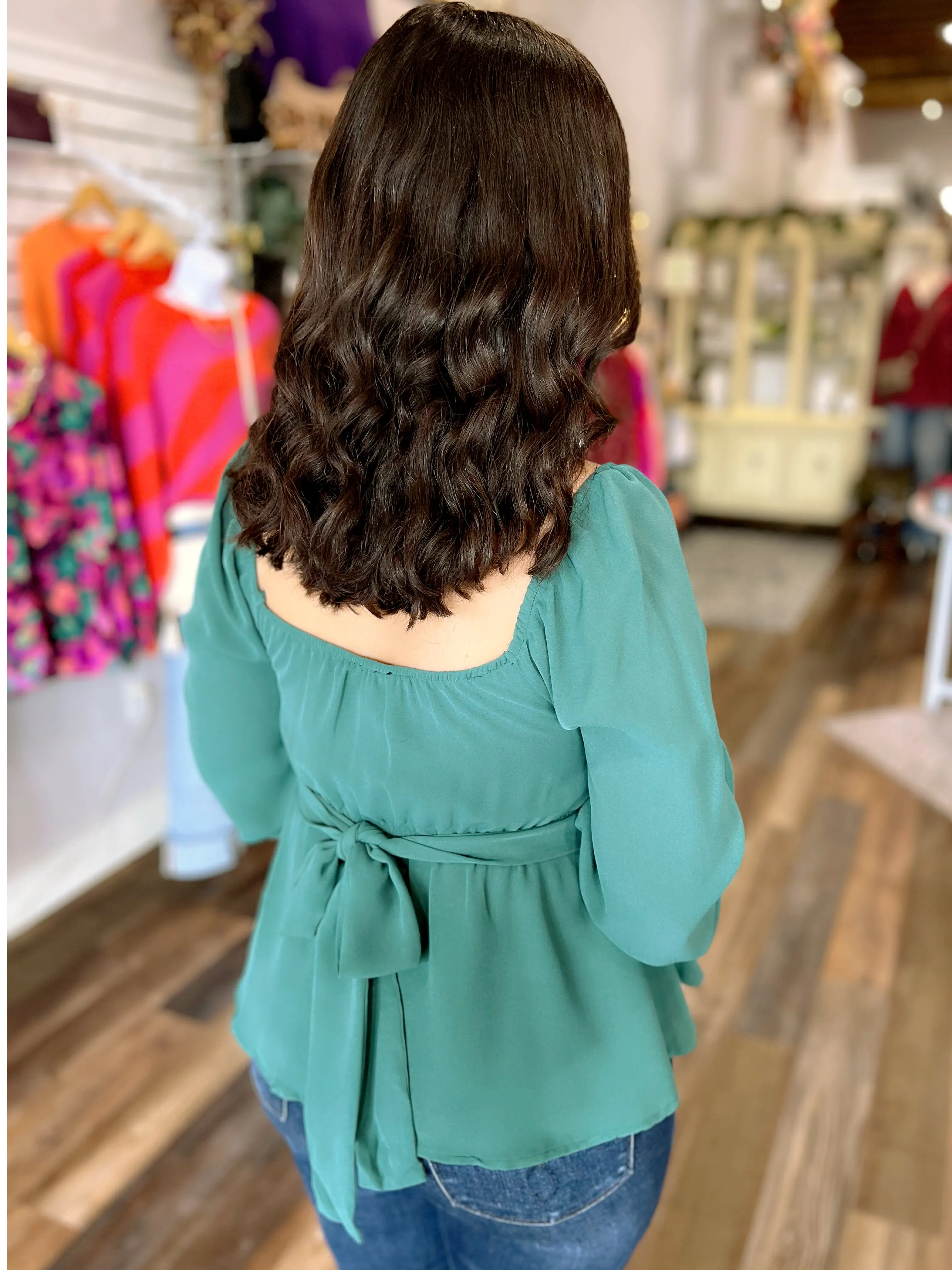 Peplum Tie Back Top in Hunter Green