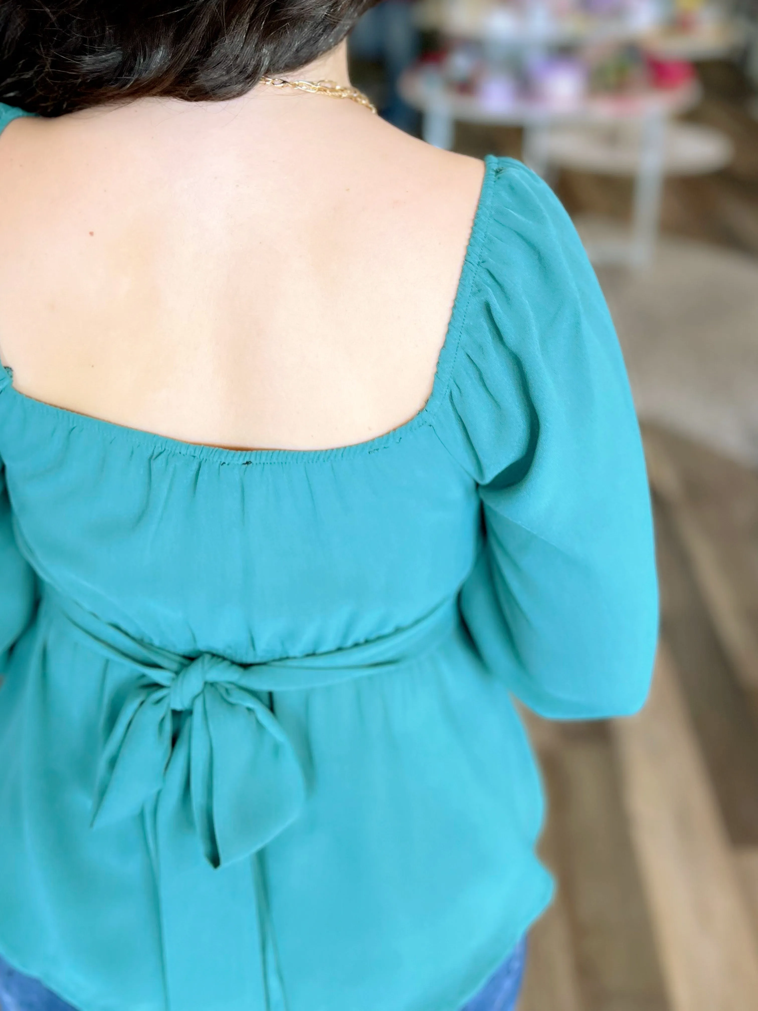 Peplum Tie Back Top in Hunter Green
