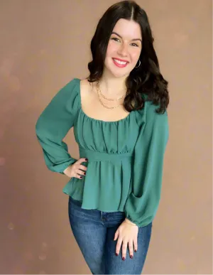 Peplum Tie Back Top in Hunter Green