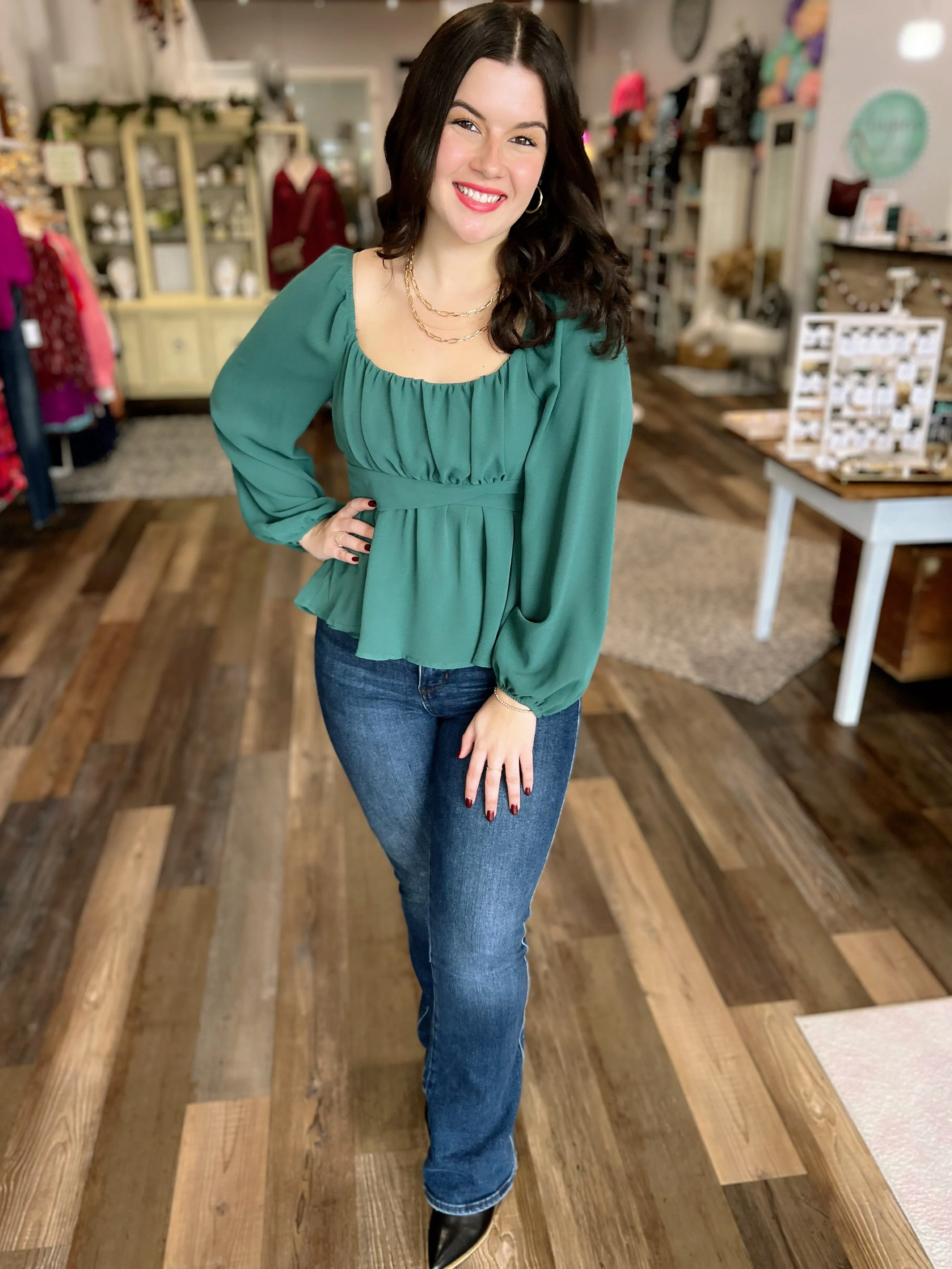 Peplum Tie Back Top in Hunter Green