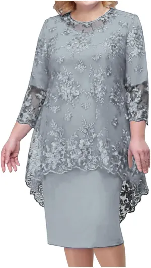 Plus Size Mother of The Bride Dress Floral Lace Mesh Wedding Guest Dresses 2PC 3/4 Sleeve High Low Top with Dress