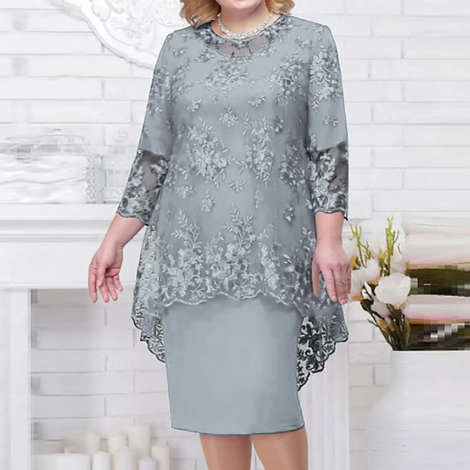 Plus Size Mother of The Bride Dress Floral Lace Mesh Wedding Guest Dresses 2PC 3/4 Sleeve High Low Top with Dress