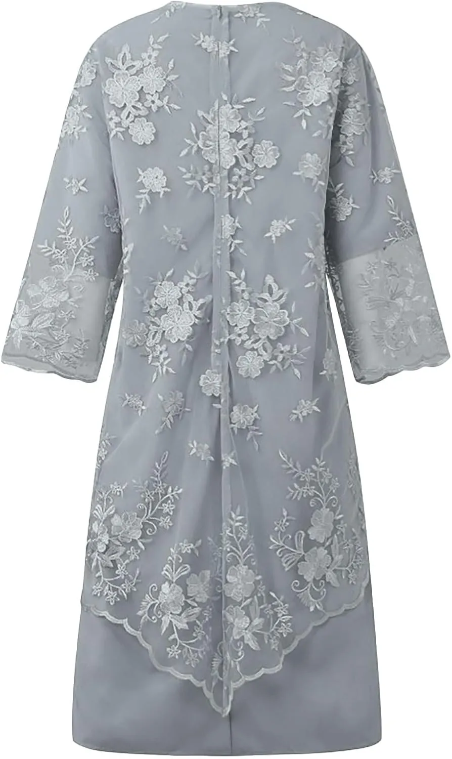 Plus Size Mother of The Bride Dress Floral Lace Mesh Wedding Guest Dresses 2PC 3/4 Sleeve High Low Top with Dress