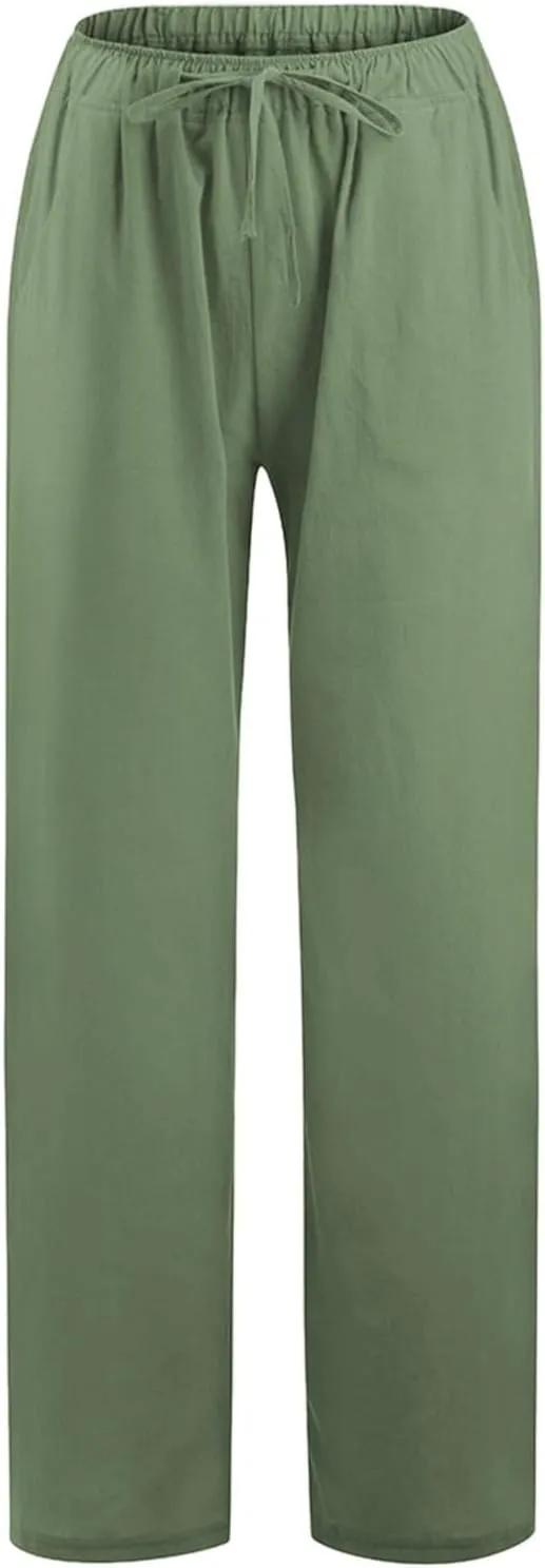 PTOLOCIF Cotton Linen Pants Women,Wide Leg Harem Pants Loose Elastic Waist Palazzo Pants Comfy Lounge Baggy Sweatpants