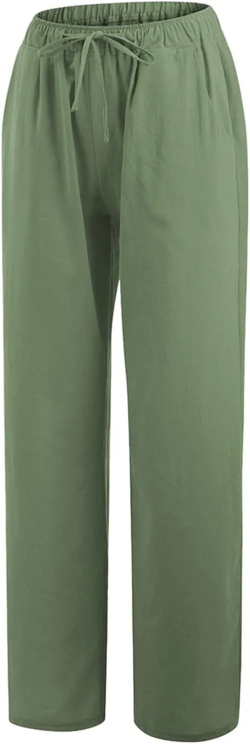 PTOLOCIF Cotton Linen Pants Women,Wide Leg Harem Pants Loose Elastic Waist Palazzo Pants Comfy Lounge Baggy Sweatpants