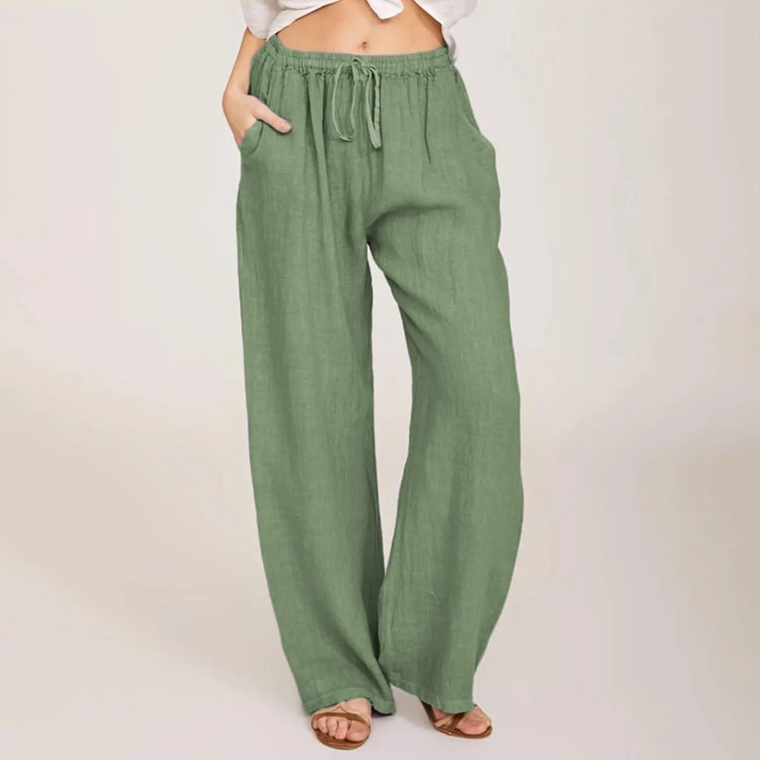 PTOLOCIF Cotton Linen Pants Women,Wide Leg Harem Pants Loose Elastic Waist Palazzo Pants Comfy Lounge Baggy Sweatpants
