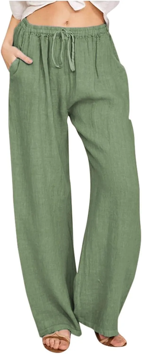 PTOLOCIF Cotton Linen Pants Women,Wide Leg Harem Pants Loose Elastic Waist Palazzo Pants Comfy Lounge Baggy Sweatpants