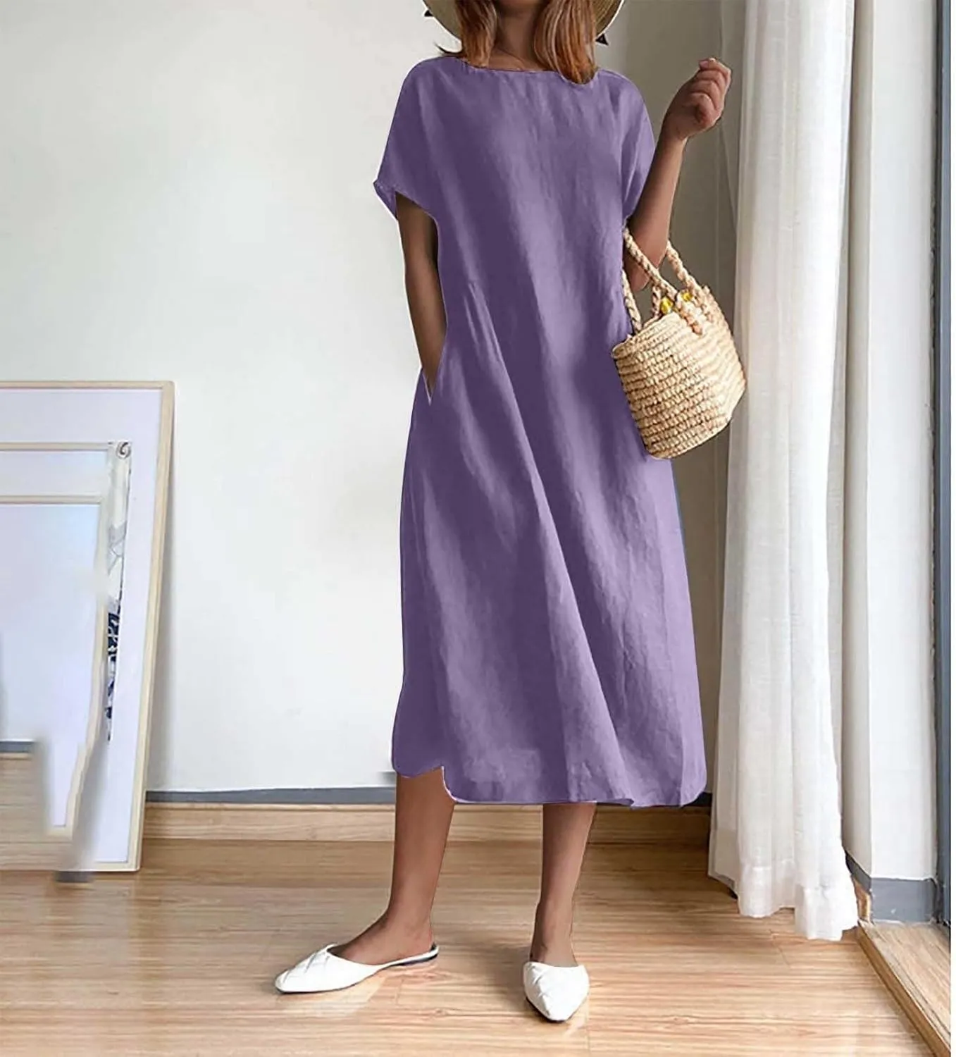 Summer Beach Dresses for Women 2025 Short Sleeve Cotton Linen Midi Dress Flowy A Line Dresses Shirt Dress with Pocket