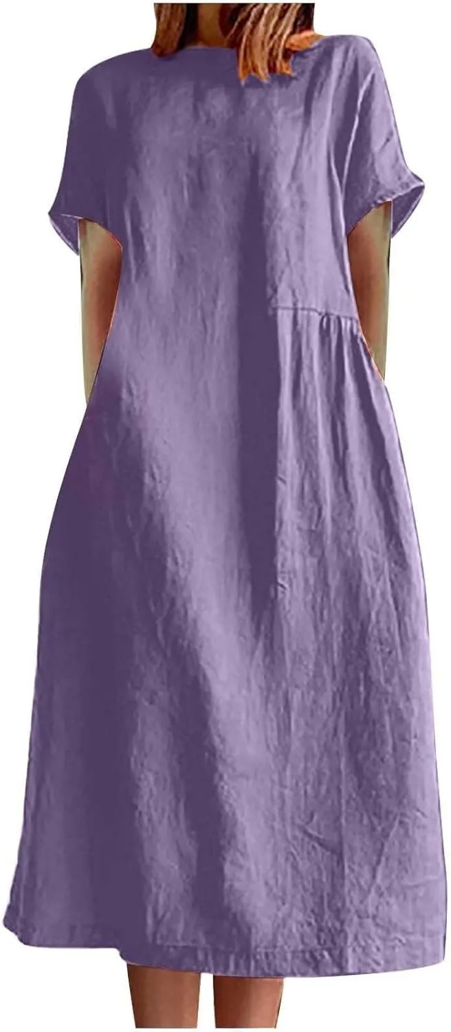 Summer Beach Dresses for Women 2025 Short Sleeve Cotton Linen Midi Dress Flowy A Line Dresses Shirt Dress with Pocket