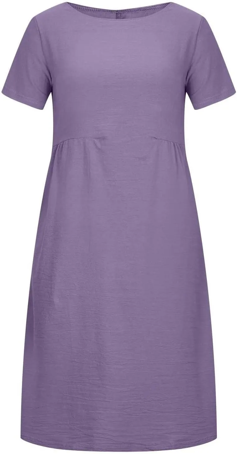 Summer Beach Dresses for Women 2025 Short Sleeve Cotton Linen Midi Dress Flowy A Line Dresses Shirt Dress with Pocket
