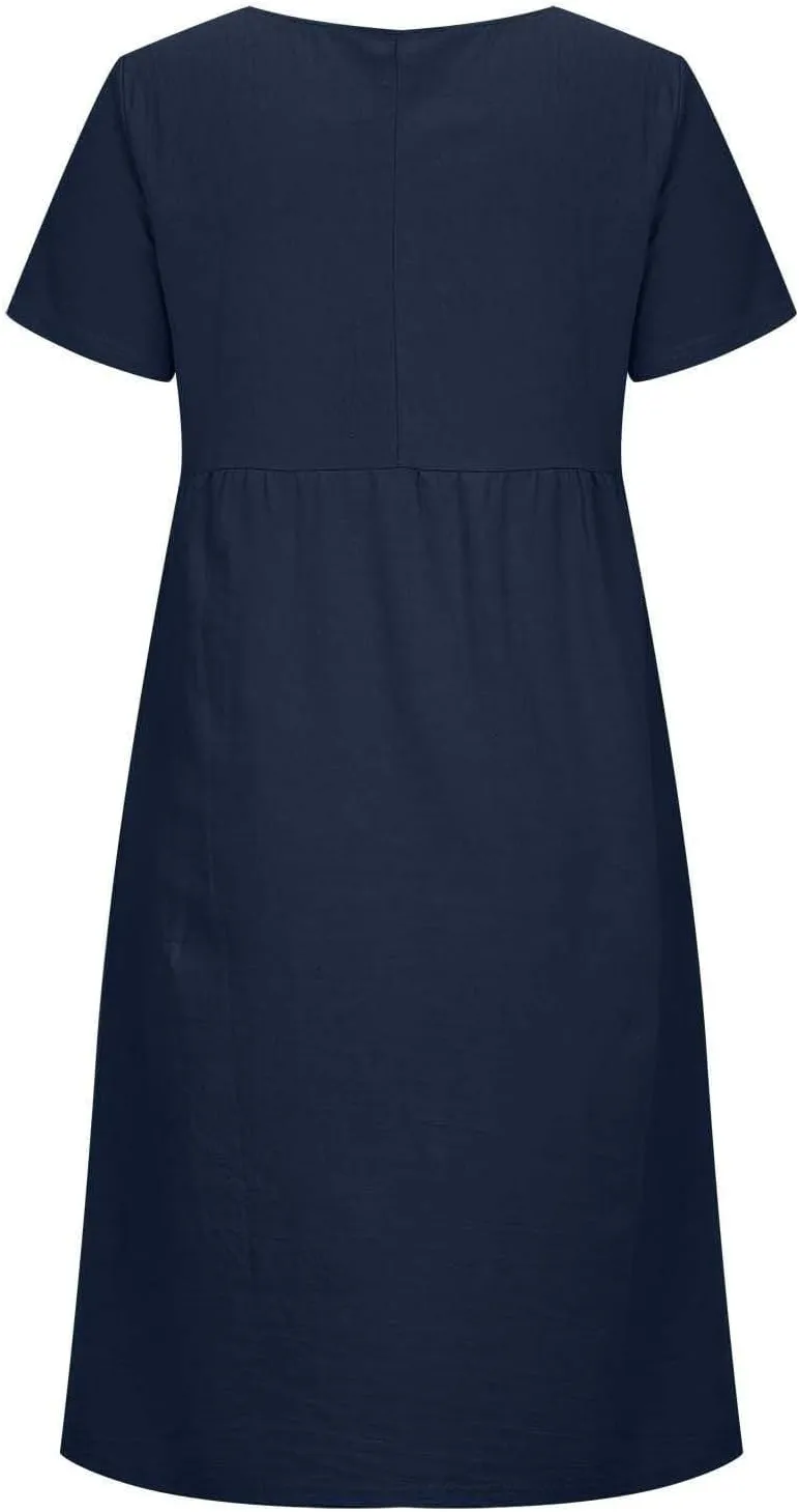 Summer Beach Dresses for Women 2025 Short Sleeve Cotton Linen Midi Dress Flowy A Line Dresses Shirt Dress with Pocket