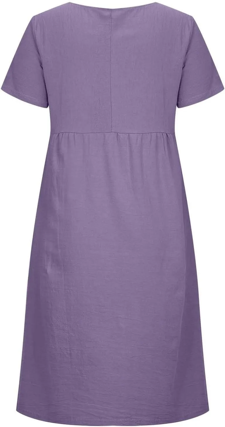 Summer Beach Dresses for Women 2025 Short Sleeve Cotton Linen Midi Dress Flowy A Line Dresses Shirt Dress with Pocket
