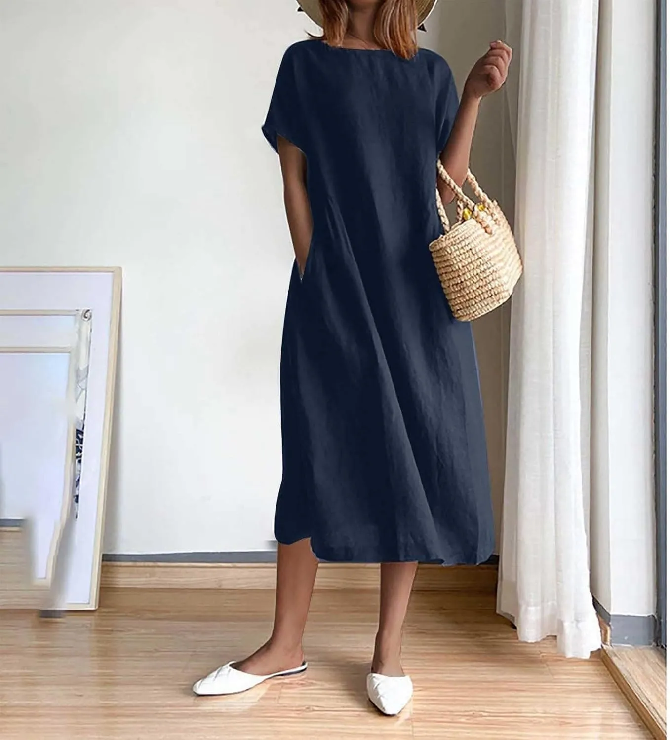 Summer Beach Dresses for Women 2025 Short Sleeve Cotton Linen Midi Dress Flowy A Line Dresses Shirt Dress with Pocket