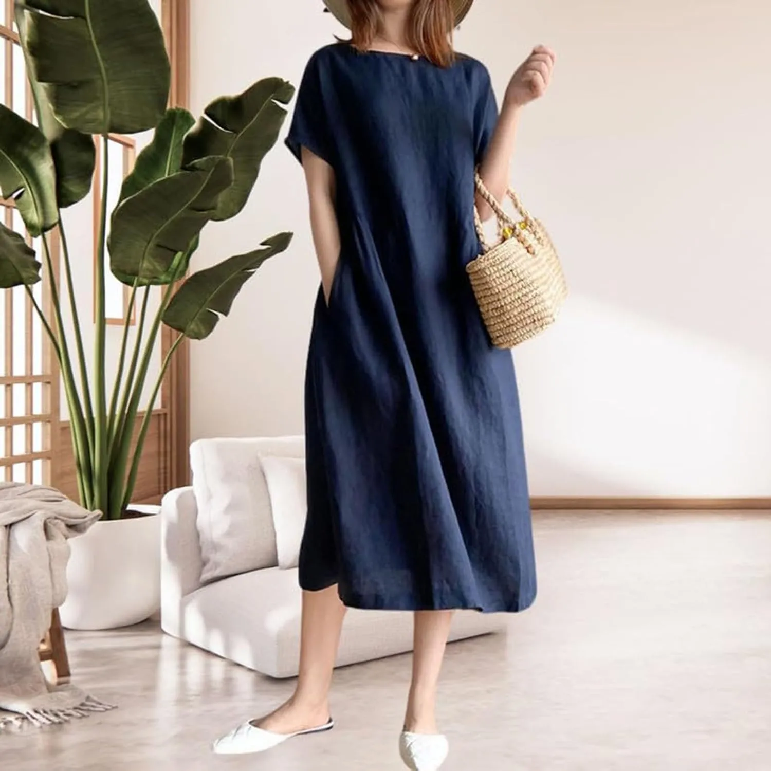 Summer Beach Dresses for Women 2025 Short Sleeve Cotton Linen Midi Dress Flowy A Line Dresses Shirt Dress with Pocket