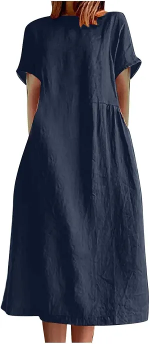 Summer Beach Dresses for Women 2025 Short Sleeve Cotton Linen Midi Dress Flowy A Line Dresses Shirt Dress with Pocket