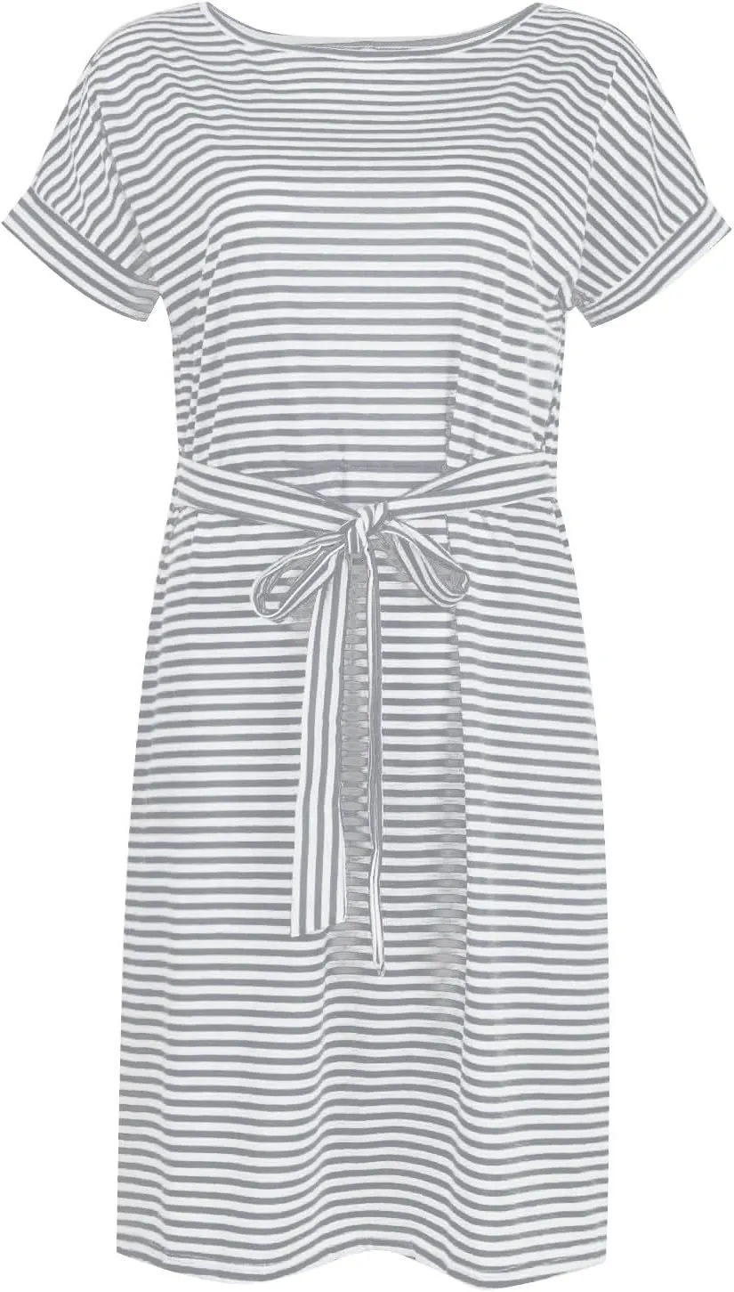 Summer Dresses for Women 2025 Casual Short Sleeve T Shirt Dress Tie Waist Belted Striped Midi Dress with Pockets