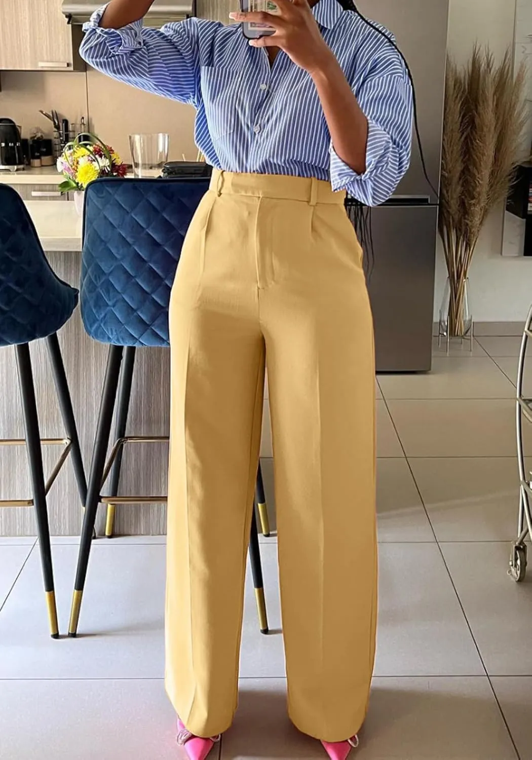Unybwonn Women Wide Leg Dress Pants High Waisted Straight Leg Business Slacks Work Pants Casual Button Down Trousers