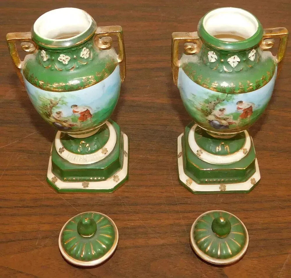 Urns, Pair, Paint Decorated Czechoslovakia, Covered, Green, Restored Tops, Decor