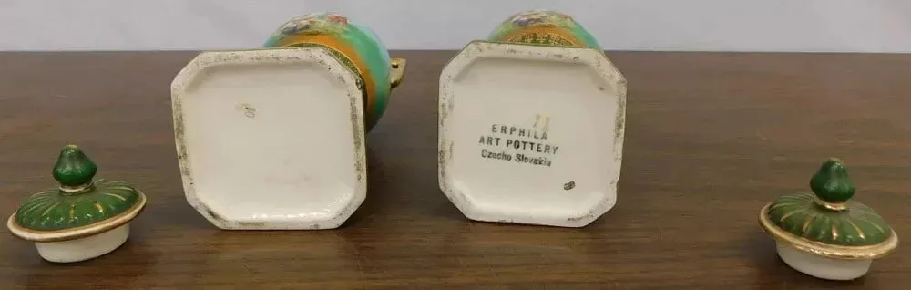 Urns, Pair, Paint Decorated Czechoslovakia, Covered, Green, Restored Tops, Decor