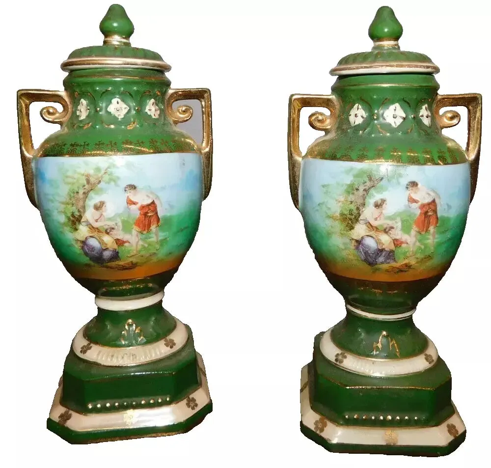 Urns, Pair, Paint Decorated Czechoslovakia, Covered, Green, Restored Tops, Decor