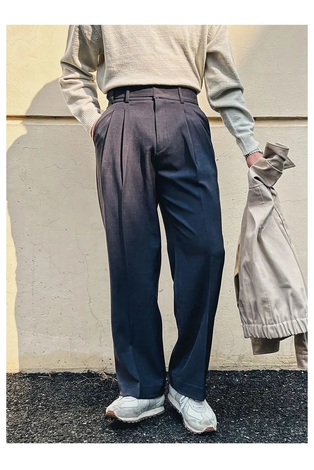 Wiaofellas  -  Khaki high-waisted suit pants men's British yuppie double pleated vertical slacks wide leg casual pants