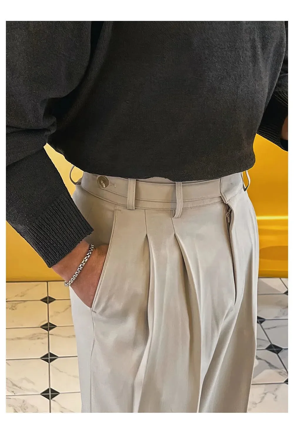 Wiaofellas  -  Khaki high-waisted suit pants men's British yuppie double pleated vertical slacks wide leg casual pants