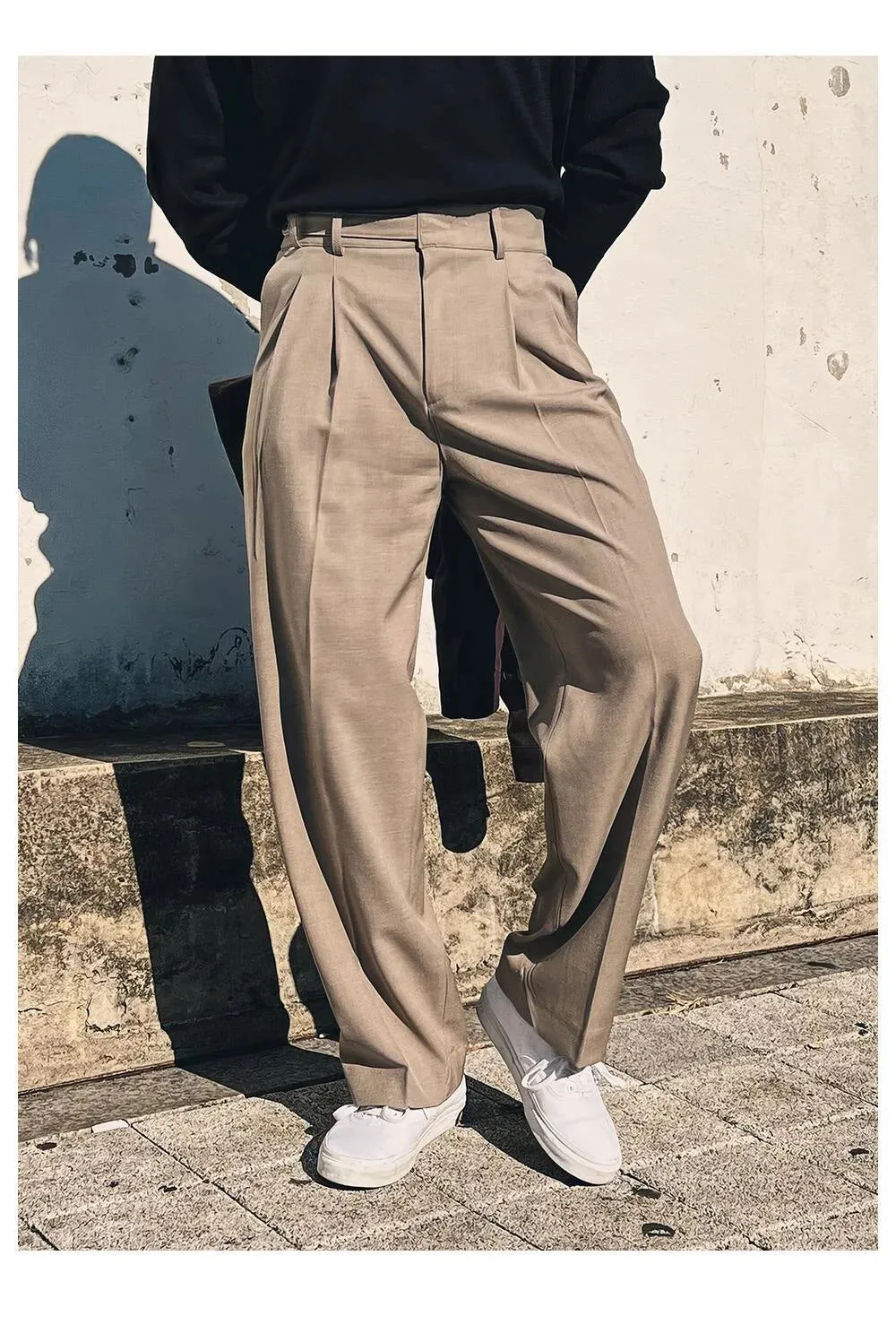 Wiaofellas  -  Khaki high-waisted suit pants men's British yuppie double pleated vertical slacks wide leg casual pants