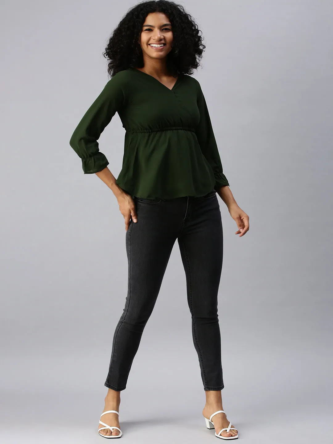 Women Olive Crepe Cinched Waist Top