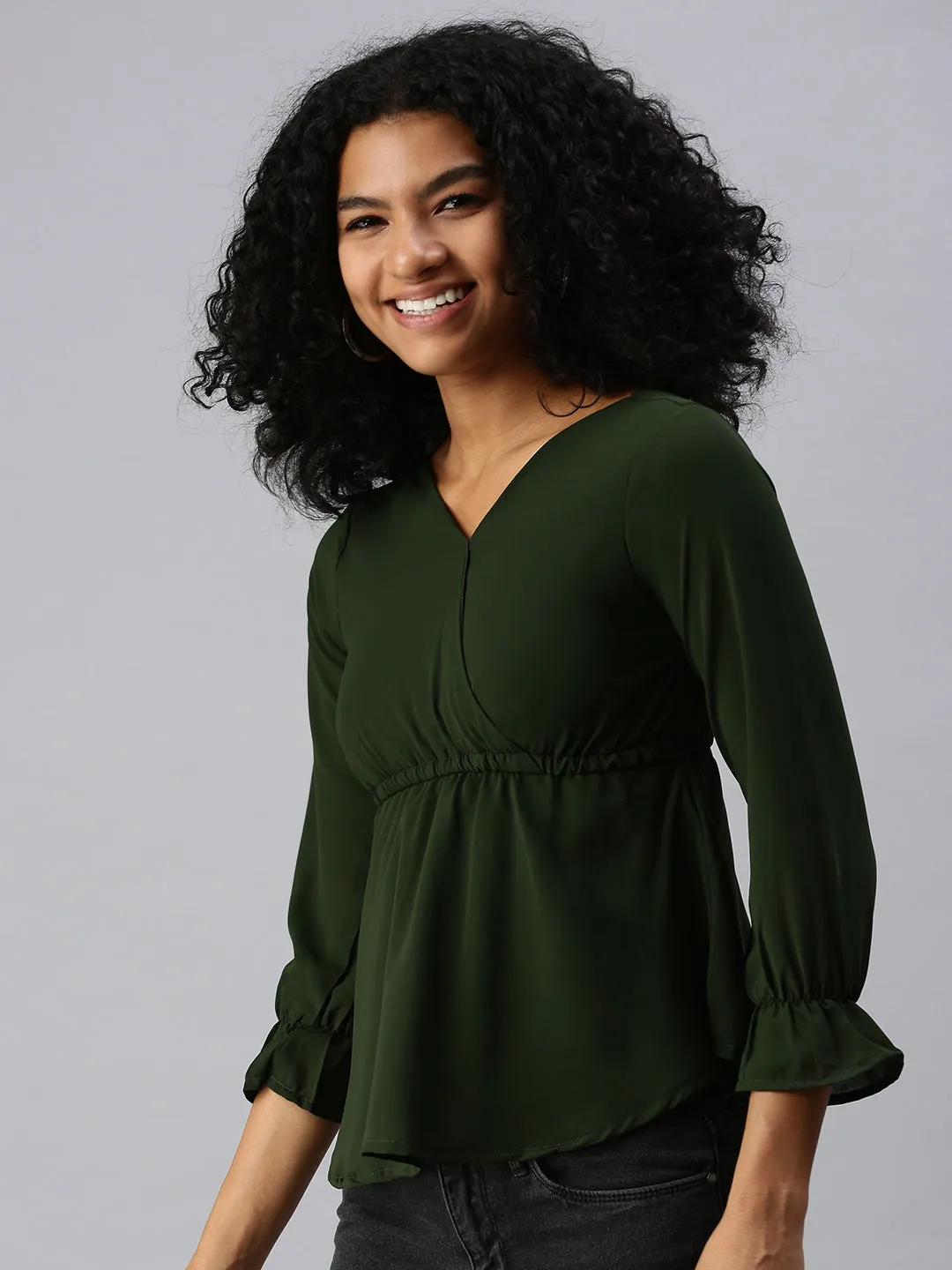 Women Olive Crepe Cinched Waist Top
