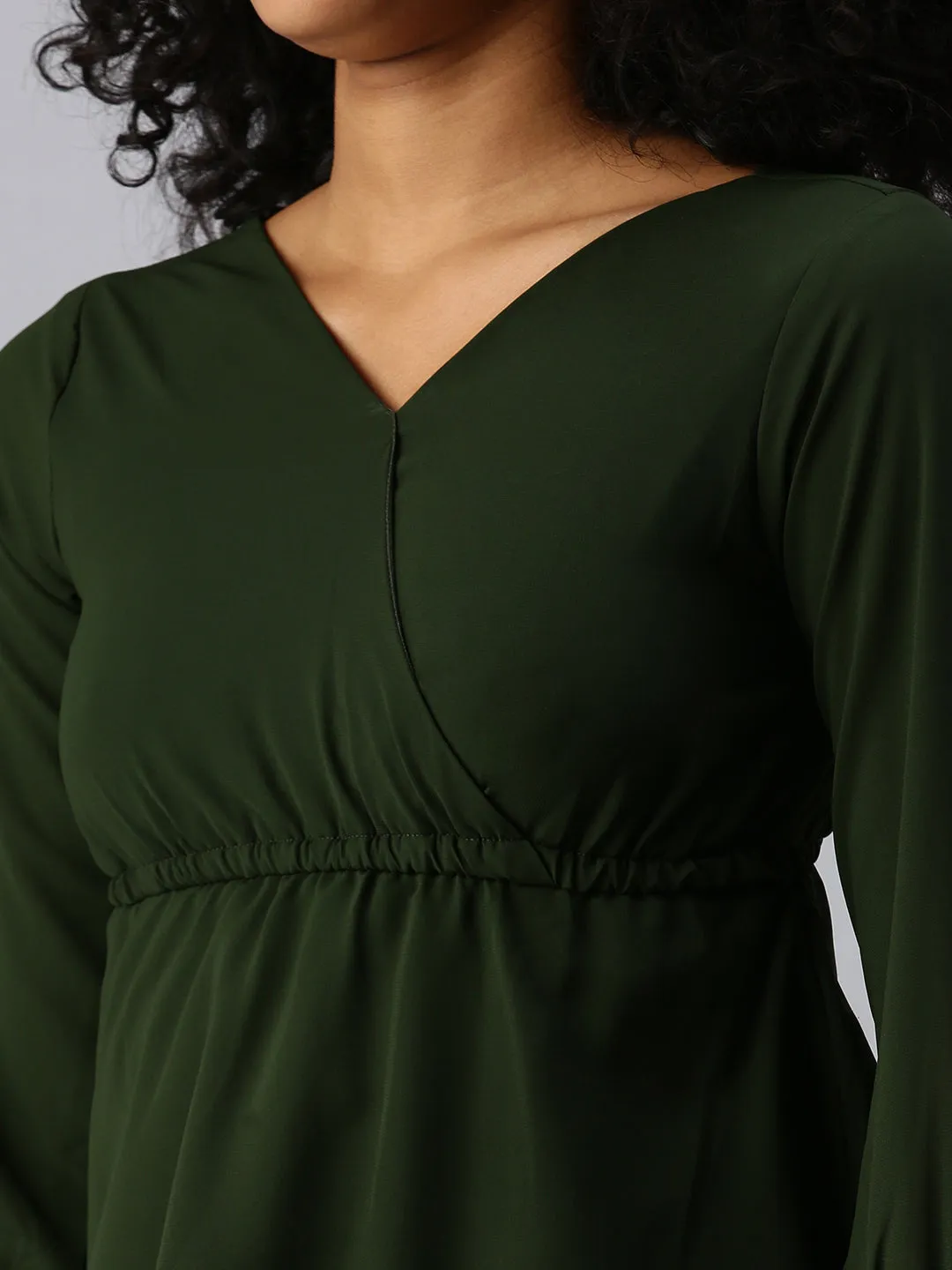 Women Olive Crepe Cinched Waist Top