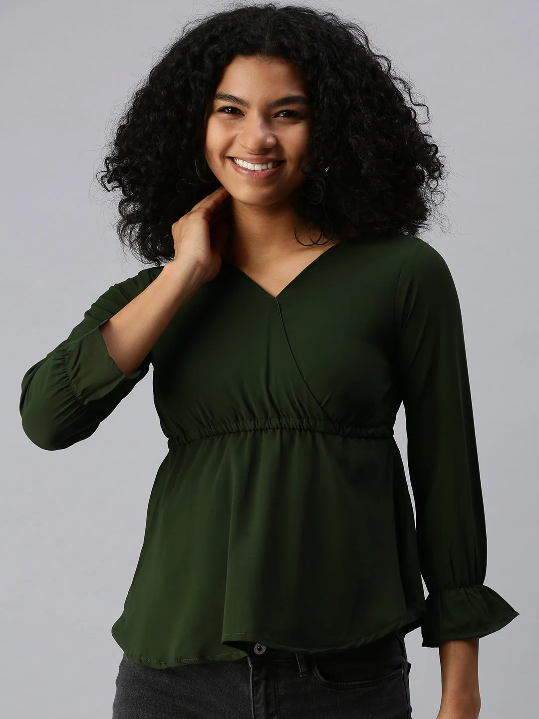Women Olive Crepe Cinched Waist Top