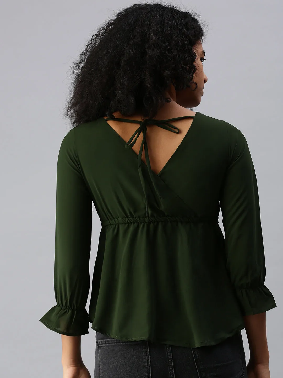 Women Olive Crepe Cinched Waist Top