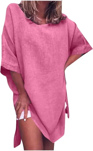 Women Summer Crew Neck Half Sleeve Midi Dress Casual Side Split Plus Size Wrinkle-Free Travel Vacation T Shirt Dress