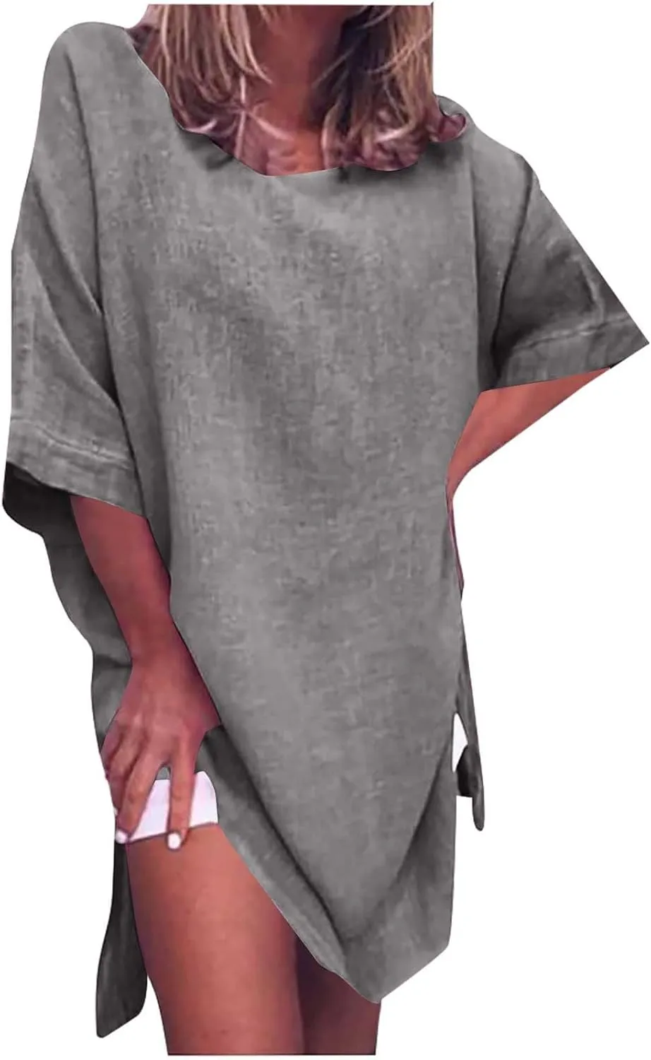 Women Summer Crew Neck Half Sleeve Midi Dress Casual Side Split Plus Size Wrinkle-Free Travel Vacation T Shirt Dress