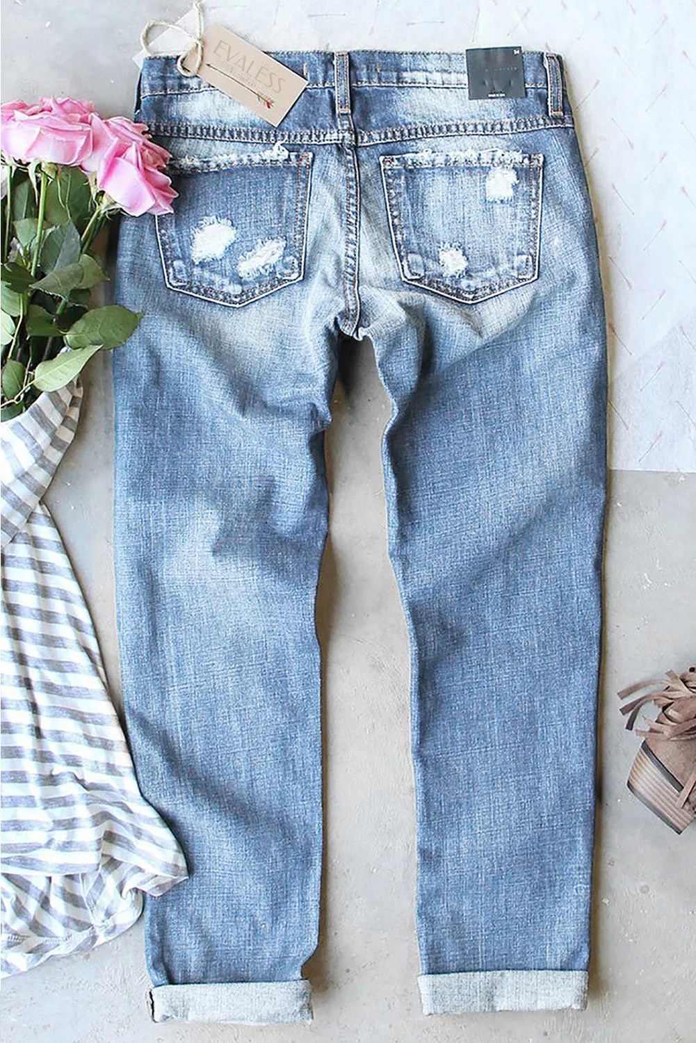 Womens Butterfly Be Kind Print Jeans Ripped Distressed Denim Pants