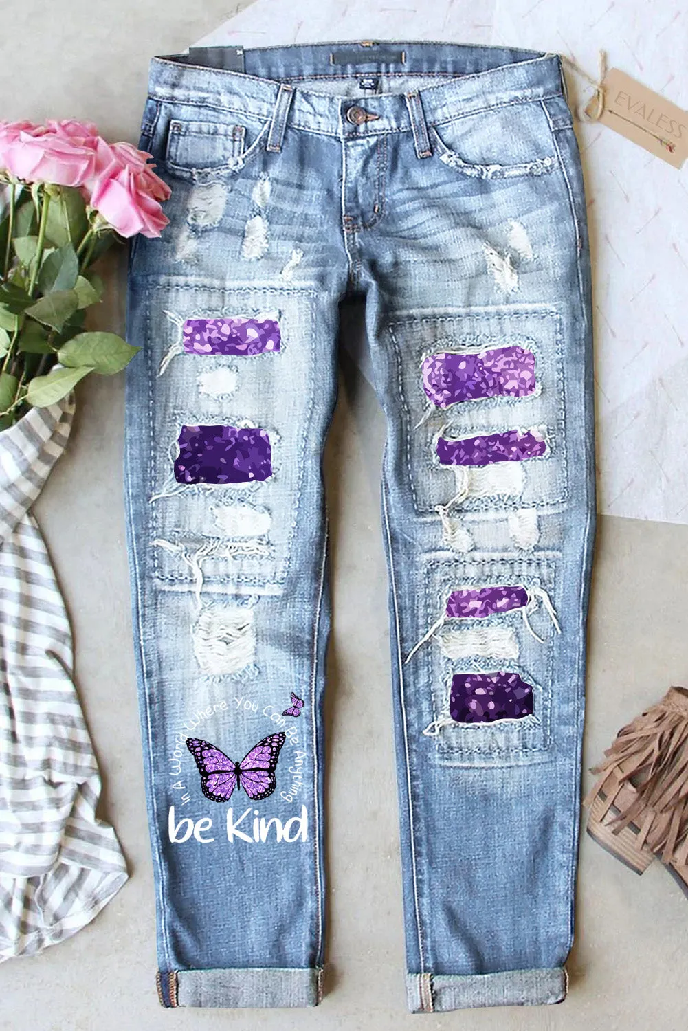 Womens Butterfly Be Kind Print Jeans Ripped Distressed Denim Pants