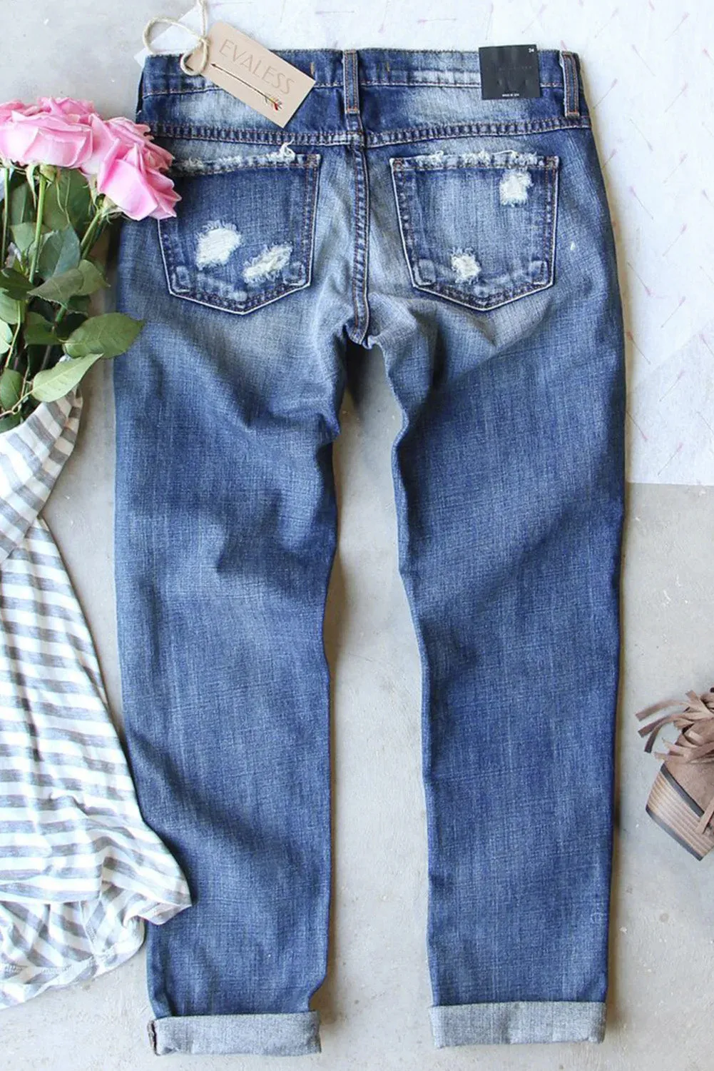Womens Butterfly Be Kind Print Jeans Ripped Distressed Denim Pants