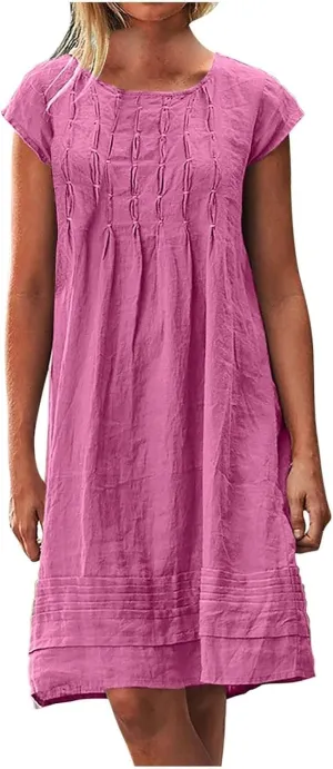 Women's Cotton Linen Midi Dress Plus Size Cap Sleeve Pleated Summer T-Shirt Dresses Beach Crewneck Cute Sundresses