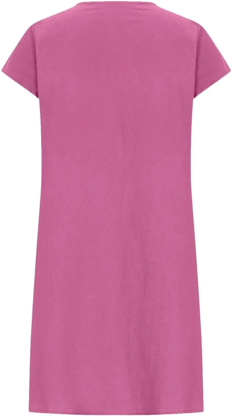 Women's Cotton Linen Midi Dress Plus Size Cap Sleeve Pleated Summer T-Shirt Dresses Beach Crewneck Cute Sundresses