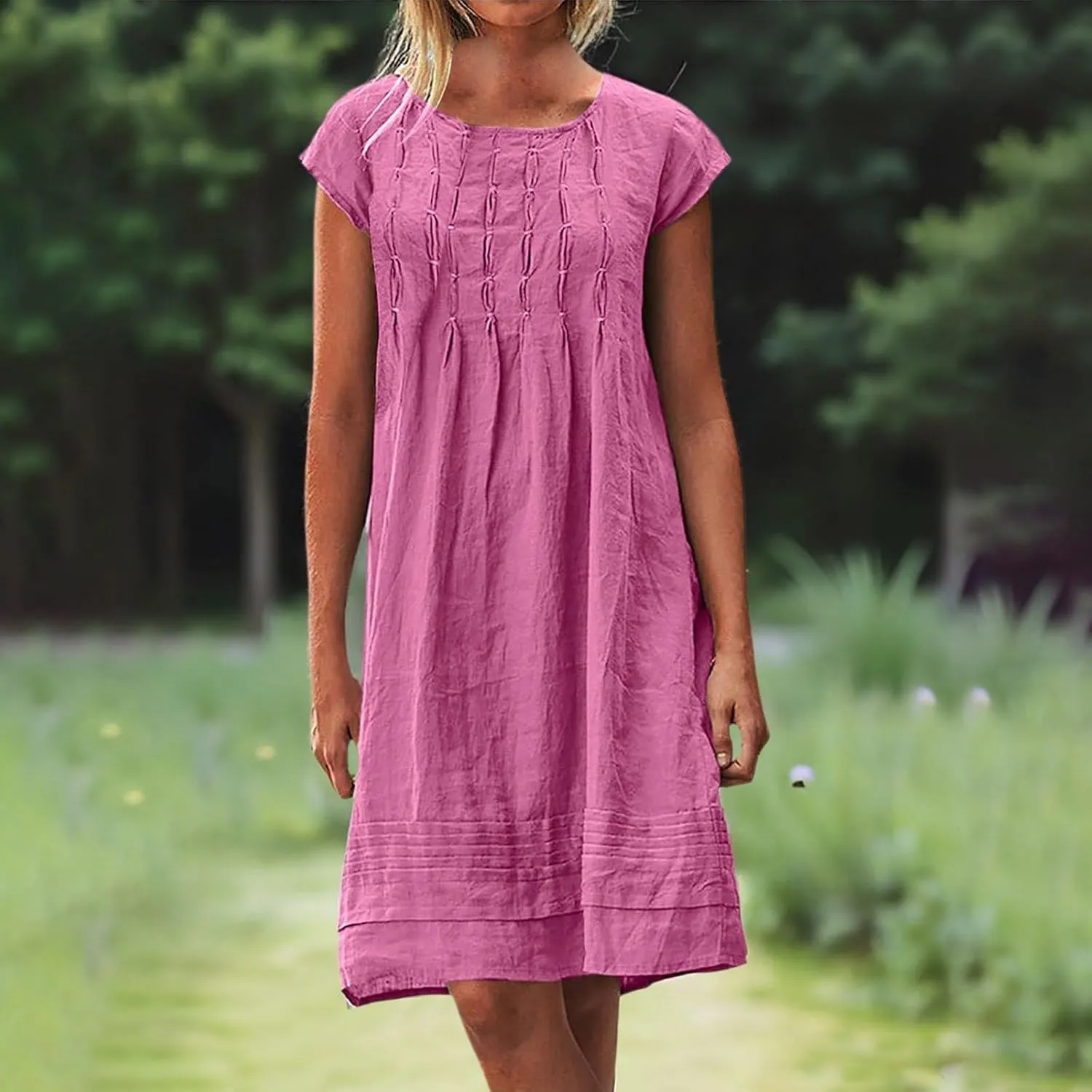 Women's Cotton Linen Midi Dress Plus Size Cap Sleeve Pleated Summer T-Shirt Dresses Beach Crewneck Cute Sundresses