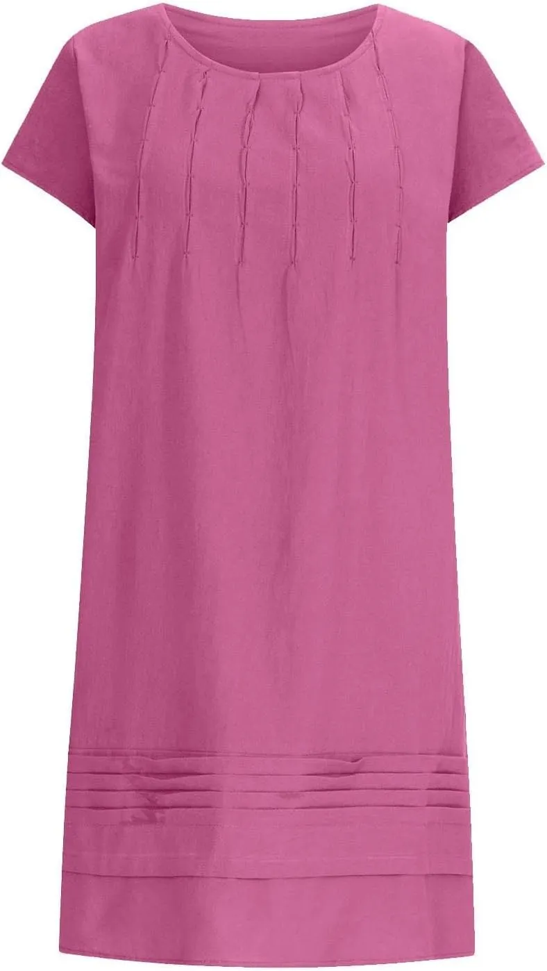 Women's Cotton Linen Midi Dress Plus Size Cap Sleeve Pleated Summer T-Shirt Dresses Beach Crewneck Cute Sundresses
