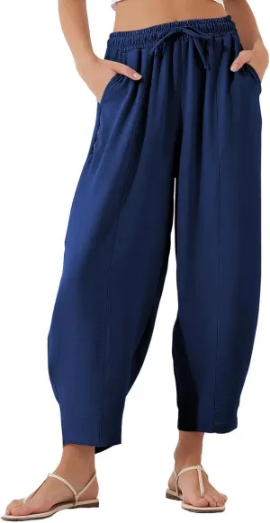 Women's Summer High Waisted Baggy Harem Pants Casual Ankle Length Trouser Slacks with Pockets