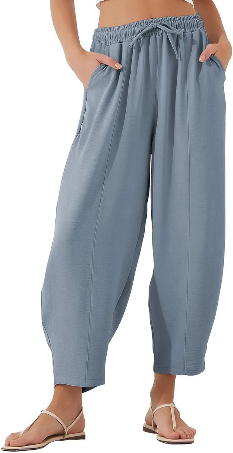 Women's Summer High Waisted Baggy Harem Pants Casual Ankle Length Trouser Slacks with Pockets
